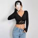 European And American Cross-border 2026 New Women's Deep V-neck Long-sleeve Lace Patchwork Ruched Short T-shirt_ecoleips.com