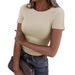 Women's Clothing Fashion Short Sleeve Elastic Round Neck Ribbed Slim Fit T Shirt Tops_ecoleips.com