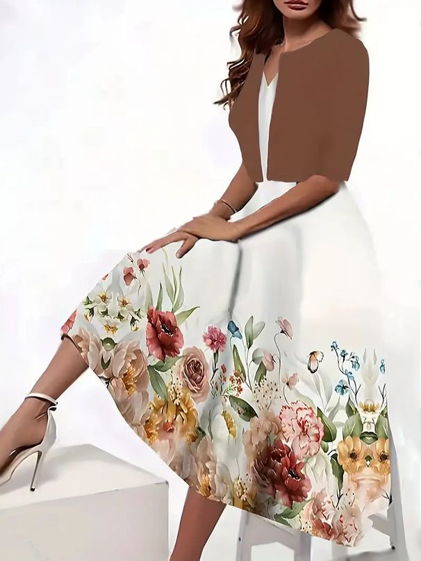 2026 European And American Autumn New Women's Long Two-Piece Set Floral Print Round Neck Dress Coat For Women_ecoleips.com