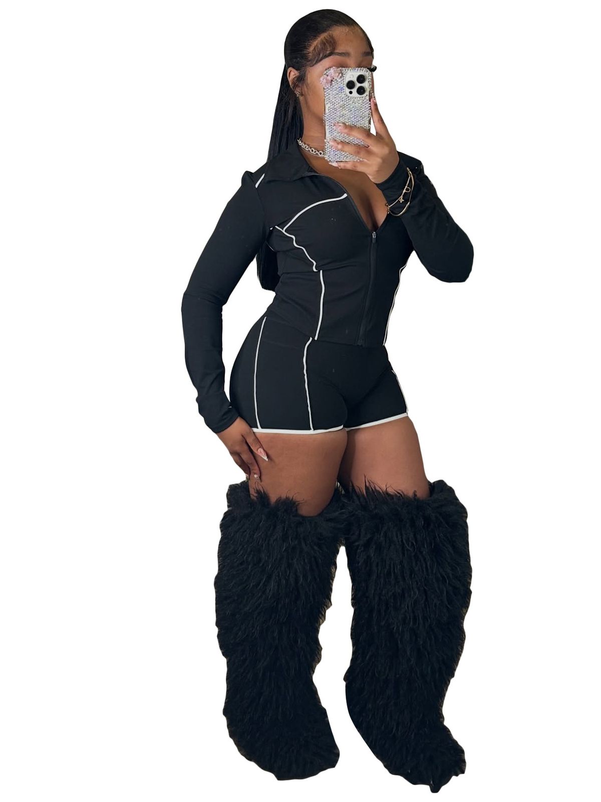 Women's Slim Fit Two Piece Sportswear Set HR25103 European American Style Zipper Long Sleeved Thumb Buckle Top And Shorts_ecoleips.com