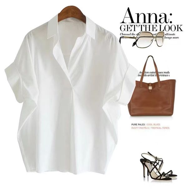 2025 Summer New Korean Short Fit Stylish Hong Kong Style Versatile Top Loose Bat Sleeve Collar Shirt_ecoleips.com