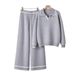 Women's Fashion Casual Suit Wide Leg Pants Knit Two Piece Set Long Sleeved Polo Collar Top Bottoms Matching Ensemble_ecoleips.com