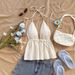 Women's Summer Casual V-Neck Backless Textured Fabric White Tank Top, Suitable For Parties, Festivals, And Dates_ecoleips.com