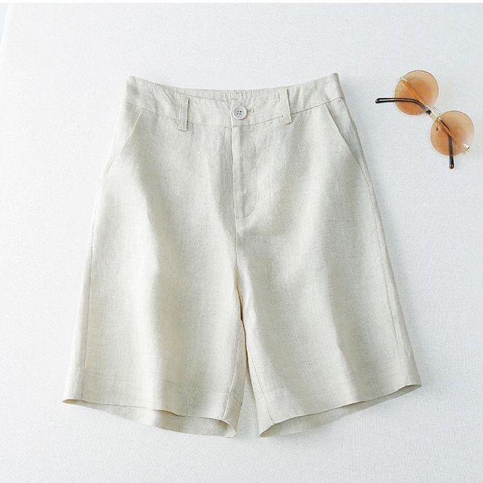 Cotton Women, Summer New High-Waisted Casual Wide-Leg Pants, Linen Mid-Length Versatile Straight-Leg Five-Point Shorts_ecoleips.com