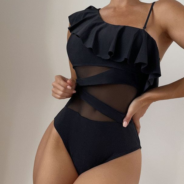 2025 New Multi Color Wood Ear Edge One Shoulder Mesh Hollow Sexy One Piece Swimsuit Female European And American Foreign Trade Bikini_ecoleips.com