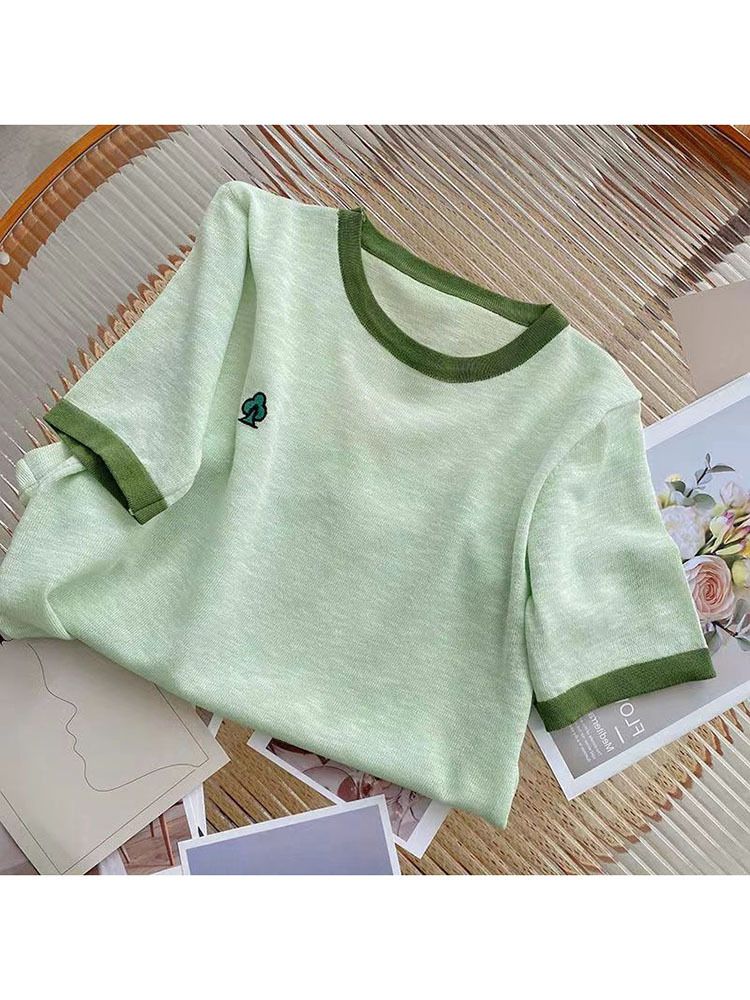 Women's Clothing Popular Beautiful And Fashionable Small Shirts Unique Tops Pink Green Edge Short Sleeved Round Neck T Shirts_ecoleips.com