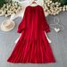plus Size Women's Tie Neck Lantern Sleeve Dress Loose Fit Hides Tummy Slimming Pleated Long Dress for Summer Commuting_ecoleips.com