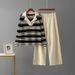 Women's Autumn New Arrival Collared Color Blocked Striped Two Piece Set Long Sleeved Knit Top And Wide Leg Pants Casual Versatile Design_ecoleips.com