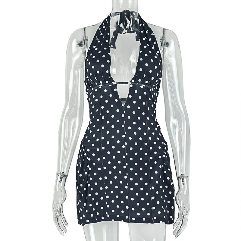 Women's Slimming A-Line Dress Polka Dot Print Deep V Neck Sleeveless Halter Neck Waist Cinching Short Fashion American Style_ecoleips.com