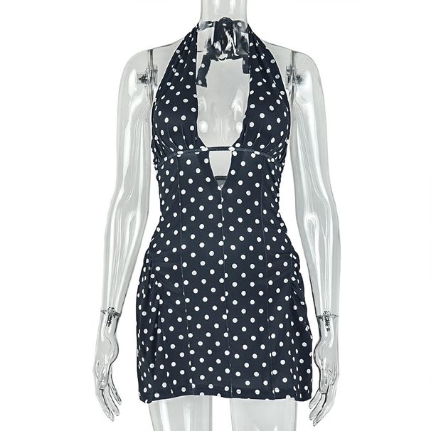 Women's Slimming A-Line Dress Polka Dot Print Deep V Neck Sleeveless Halter Neck Waist Cinching Short Fashion American Style_ecoleips.com