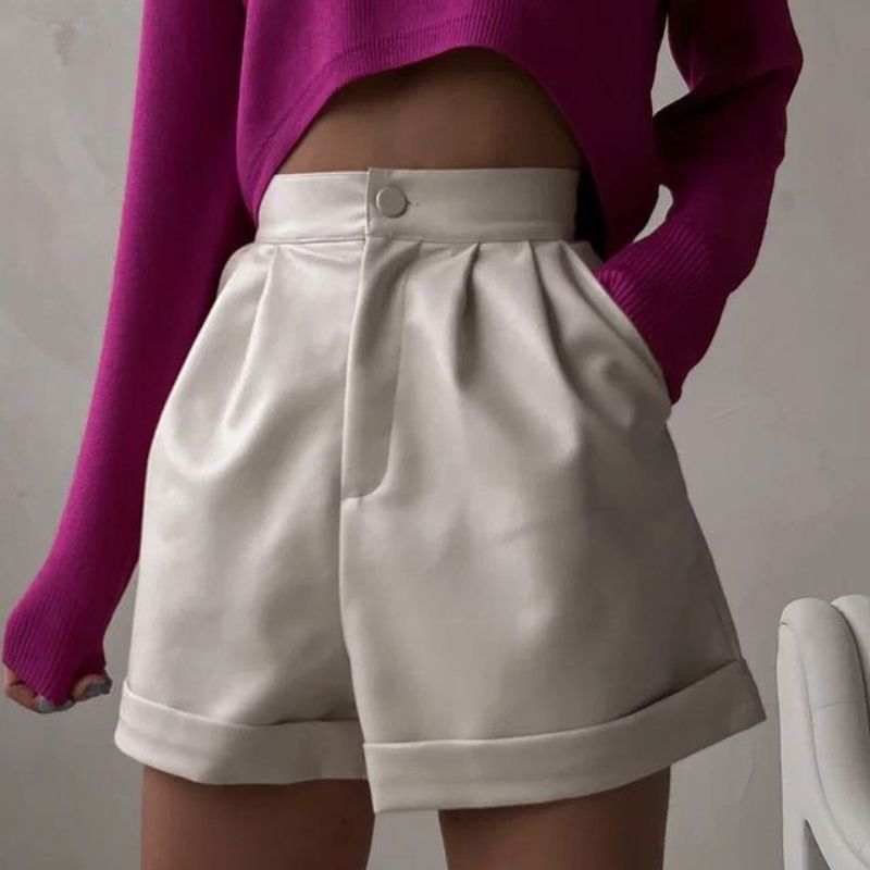 Aria Basics Aria Basics PU Leather European And American Style Cross-border Women's Clothing 2025 Summer New Loose A-line Wide-leg Zipper Shorts_ecoleips.com