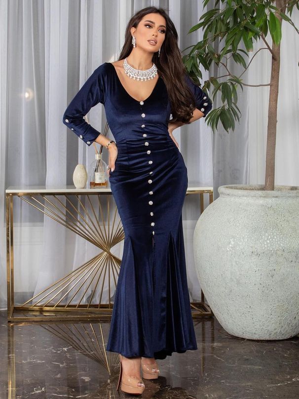 Women's New Temperament Slim Sexy Chest High Waist Diamond Button Velvet Dress Dress_ecoleips.com