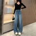 Spring Summer New Wide-Leg Jeans Blue Design High Waist Scimitar Loose Slimming Floor-Length Pants For Women_ecoleips.com