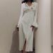 Women's Elegant Slim Fit Dress European American Style V Neck Bell Sleeves Ruffles Single Breasted Buttons Spring 2026 French Style_ecoleips.com