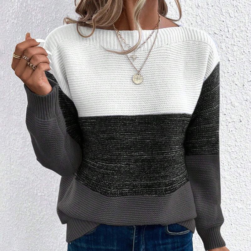 Women's Clothing Contrast-Stitch Knit Sweater – Women's Round Neck Long Sleeve Pullover"_ecoleips.com