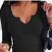Spring And Winter New Solid Color Pit Stripe Deep U-neck Long Sleeved Sexy Casual Fashion Women's T-shirt Top_ecoleips.com