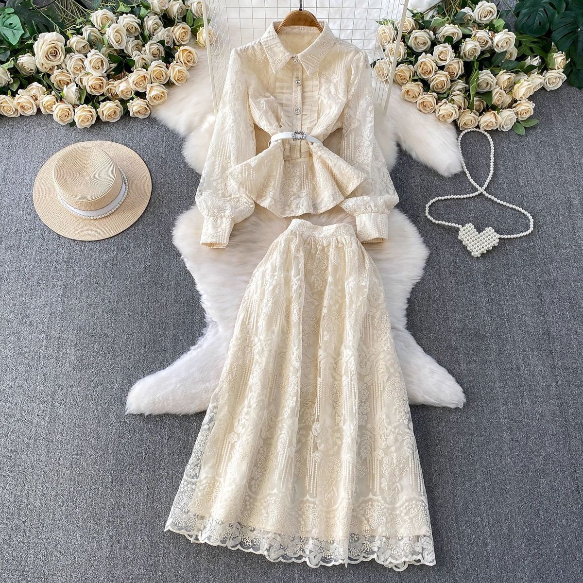 Sheer Embroidered Blouse And High-Waisted Skirt Two-Piece Set For Women Elegant Feminine Fitted Waist Charm_ecoleips.com