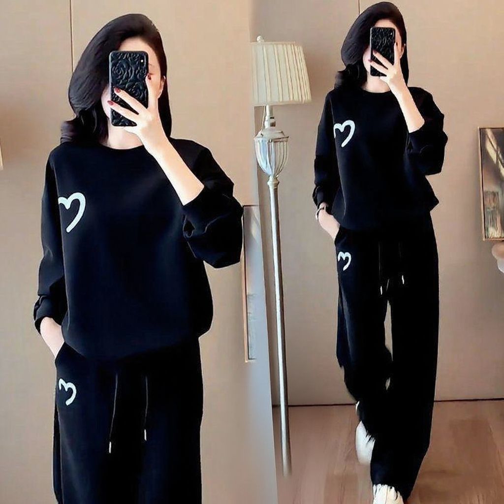 Women's Clothing Plus Size Women's Fashion Set Casual Spring/Autumn Loose Slimming Round Neck Sweatshirt And Wide Leg Pants Two-Piece Outfit_ecoleips.com