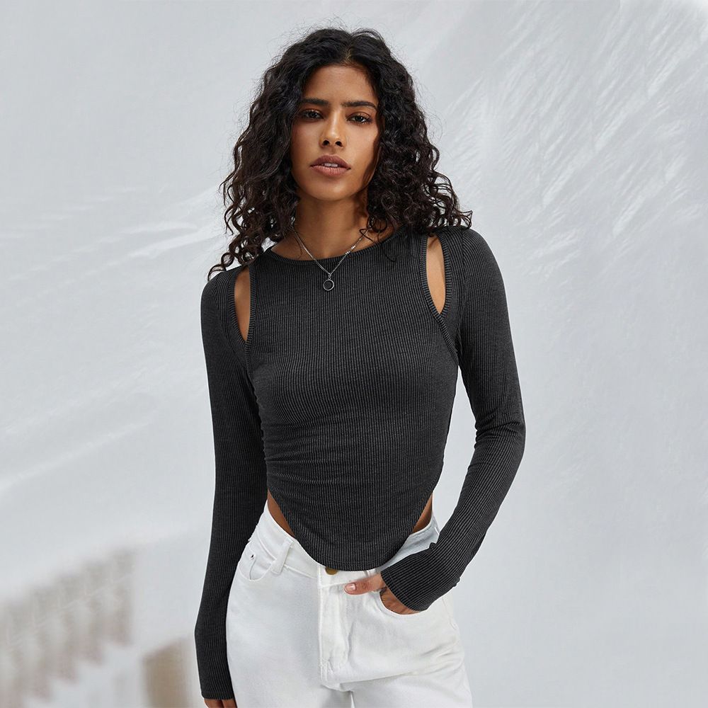 Voya Women's 2026 Irregular Round Neck Knitted Long Sleeve T-shirt Sexy Fashion Solid Color Top_ecoleips.com