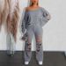 Edgy Two-Piece Streetwear Set – Distressed Ripped Jeans & Off-Shoulder Hoodie, Oversized Grunge Outfit For Women_ecoleips.com