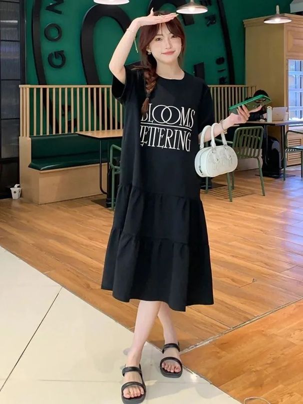 Ruffled Short Sleeve Over-the-Knee Mermaid Plus Size 150kg Summer Loose Belly-Covering Slimming T-Shirt Dress_ecoleips.com
