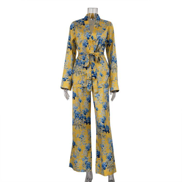 Women's Clothing Autumn And Winter New Fashion Satin Printed Long Sleeved Lace Up Two Piece High Waist Wide Leg Pants Suit_ecoleips.com