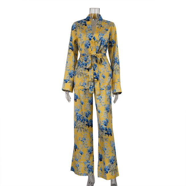 Women's Clothing Autumn And Winter New Fashion Satin Printed Long Sleeved Lace Up Two Piece High Waist Wide Leg Pants Suit_ecoleips.com