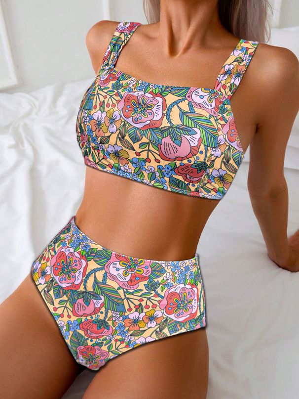 Floral Print High-Waist Bikini Set: Retro Two-Piece Swimsuit For Women, Tummy Control & Sexy Beachwear_ecoleips.com