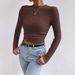 Autumn Women's Solid Knit Pleated Side Long Sleeve T-Shirt Long Sleeves Solid Slim Tees All Match Basic Tops Undershirt_ecoleips.com
