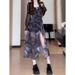 Elegant Outfit Black Floral Strap Women Summer New French Style Irregular Slit Long Dress Set_ecoleips.com