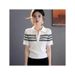 Women's Korean Style Striped Half-Zip White Short Sleeve Knit Top - Breathable Summer Casual Shirt With Unique Design_ecoleips.com
