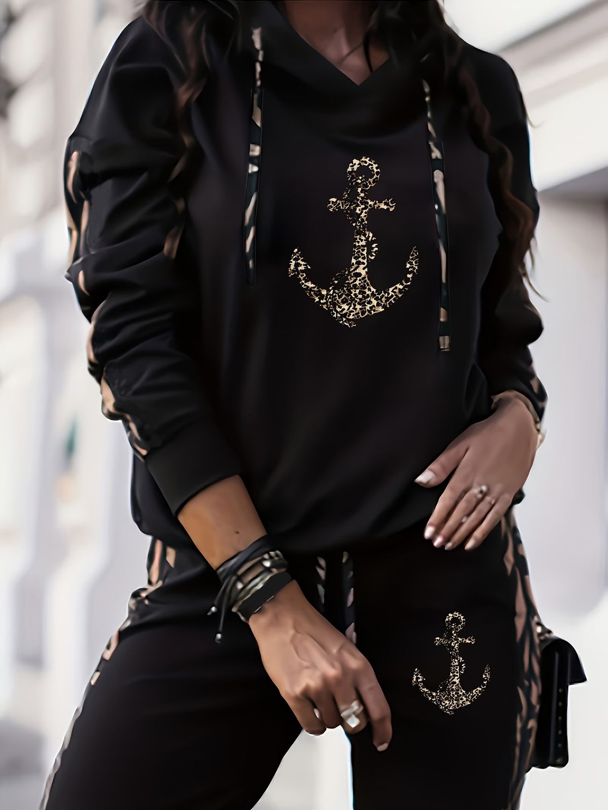 Women's Clothing White Elegant Long Sleeved Trouser Suit Leopard Print Anchor Print Suitable For Vacation Everyday And Work_ecoleips.com