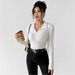 Autumn/Winter Solid-Color Fitted Women's Top With V-Neck, Long Sleeves, Striped And Brushed Fabric, White_ecoleips.com