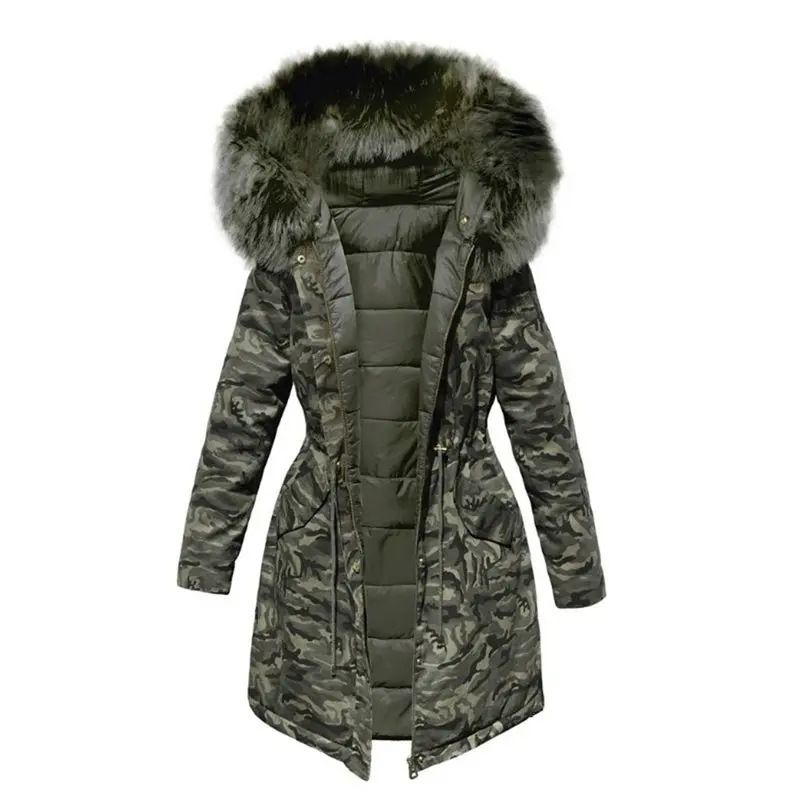 Women's Clothing Winter plus velvet thickened coat for women version loose BF large fur collar medium and long camouflage cotton coat_ecoleips.com