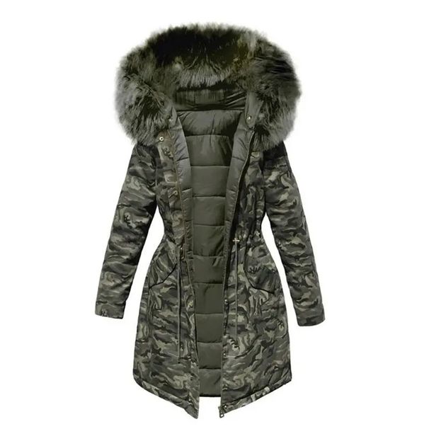 Women's Clothing Winter plus velvet thickened coat for women version loose BF large fur collar medium and long camouflage cotton coat_ecoleips.com