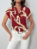 Brush Print Tie Neck Blouse, Elegant Short Sleeve Top For Spring & Summer, Women's Clothing_ecoleips.com