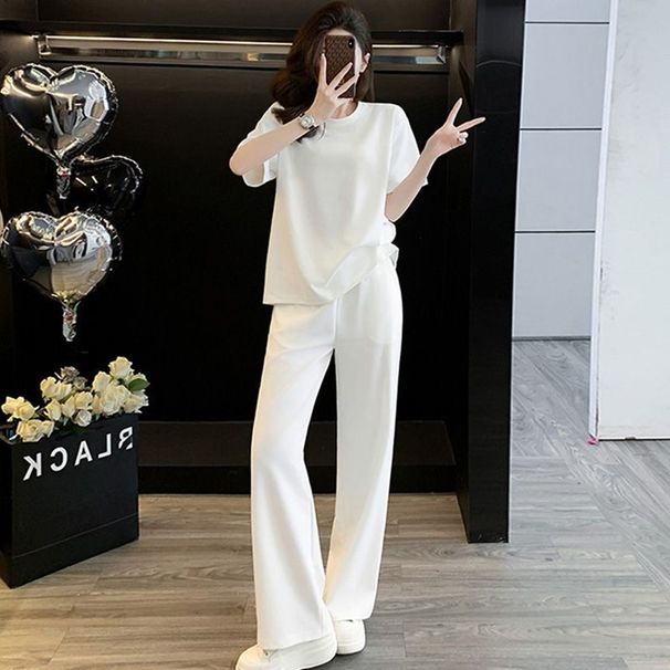 Women's European Style Sportswear Set Summer Lazy Loose Slimming Youthful Short Sleeved Wide Leg Pants Two Piece Fashionable Outfit_ecoleips.com