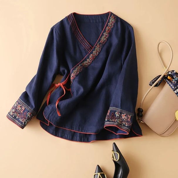Summer Women's Clothing In A Traditional Ethnic Style: A Cotton-Linen Blouse With A Diagonal Neckline And Embroidery Des_ecoleips.com