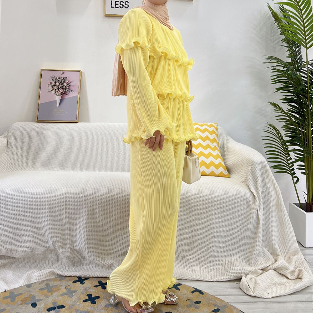 Women's Clothing Solid Color Pleated Ruffle Top + Two Pieces Of Wide Leg Pants_ecoleips.com