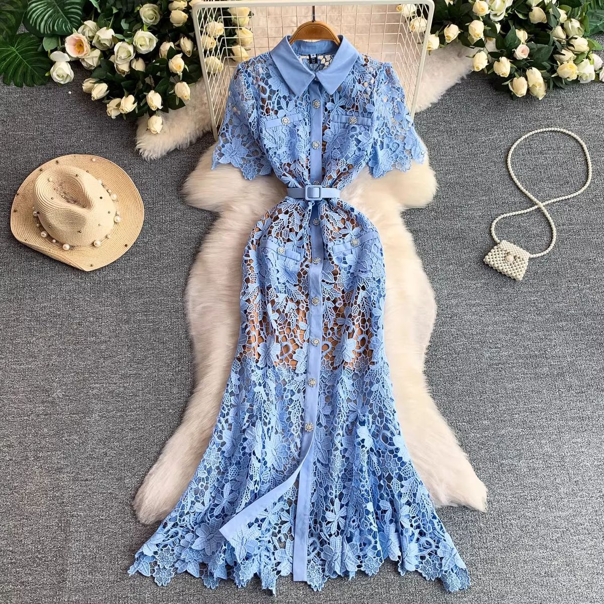 Elegant Lace Mermaid Evening Dress With Rhinestone Buttons - High Waist Tailored Fit Formal Gown For Women (Pink/Blue/White, S-Xxl)_ecoleips.com