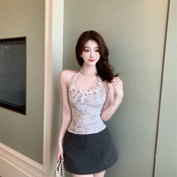 French-style Vintage Bow-tie Backless Halter Neck Camisole For Women, Pure And Desirable White Lace Layered Stylish Top_ecoleips.com