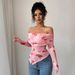Women's Off-the-Shoulder Slim Fit Ruffled Hem Irregular Print Top Spring New Style Versatile European American_ecoleips.com