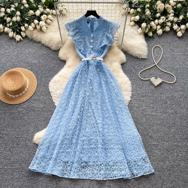 Korean Style Lace Hollow out Sleeveless A-Line Dress for Women Summer High-Waisted Slimming Elegant Long Dress for Commuting_ecoleips.com