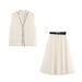 Women's Contrast Trim Blouse And Skirt Set, Elegant Office To Casual Two-Piece Outfit Comfortable & Breathable_ecoleips.com