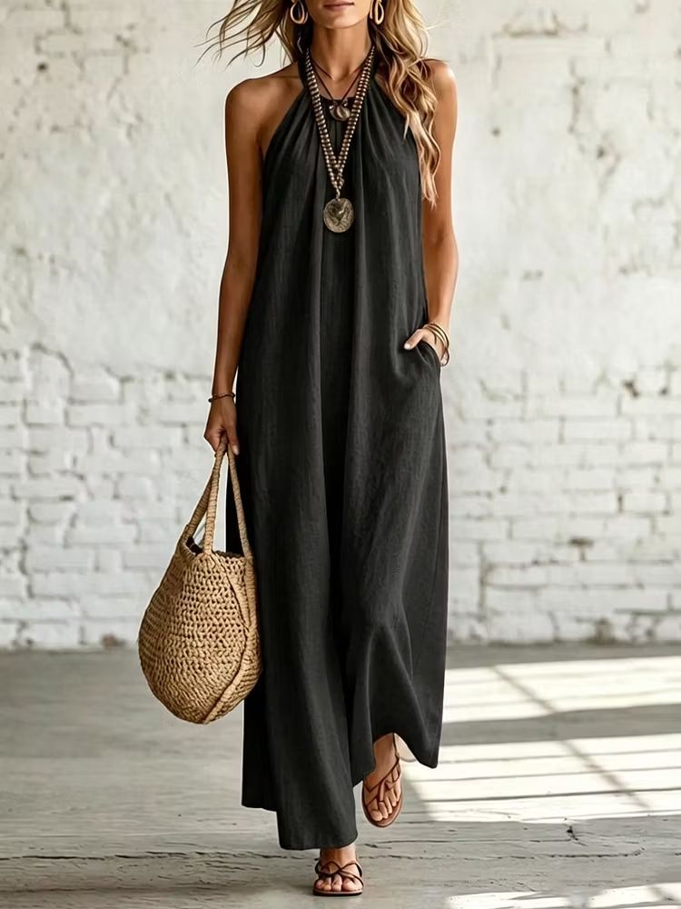Women's Loose Fit Sleeveless Backless Linen And Cotton Midi Dress – Casual Boho Resort Gown_ecoleips.com