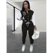 Women's Color Blocked Jacket Single Breasted Letter Print Baseball Tracksuit Two Piece Set_ecoleips.com