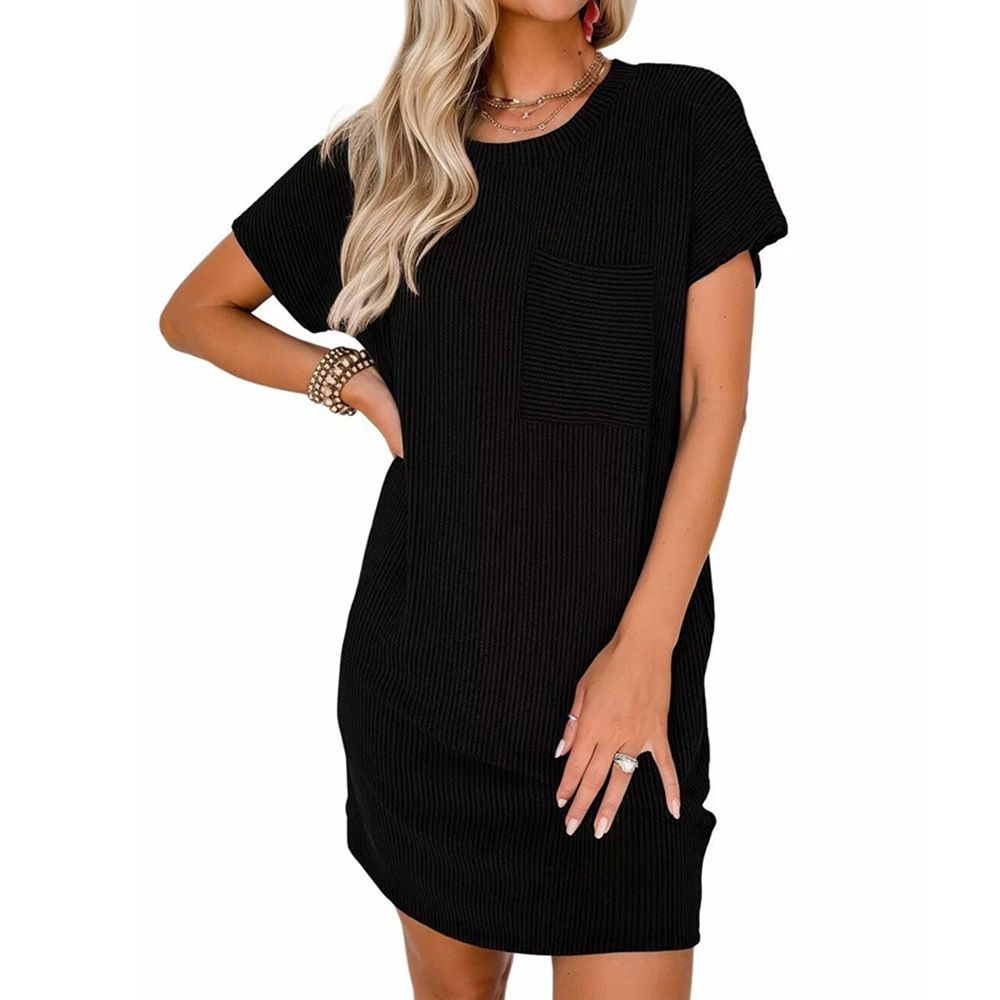 Women Casual Contrast Color Twist Stripe Short Sleeve Dress With Pockets Loose Daily Wear Outfit_ecoleips.com