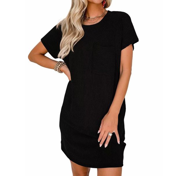 Women Casual Contrast Color Twist Stripe Short Sleeve Dress With Pockets Loose Daily Wear Outfit_ecoleips.com