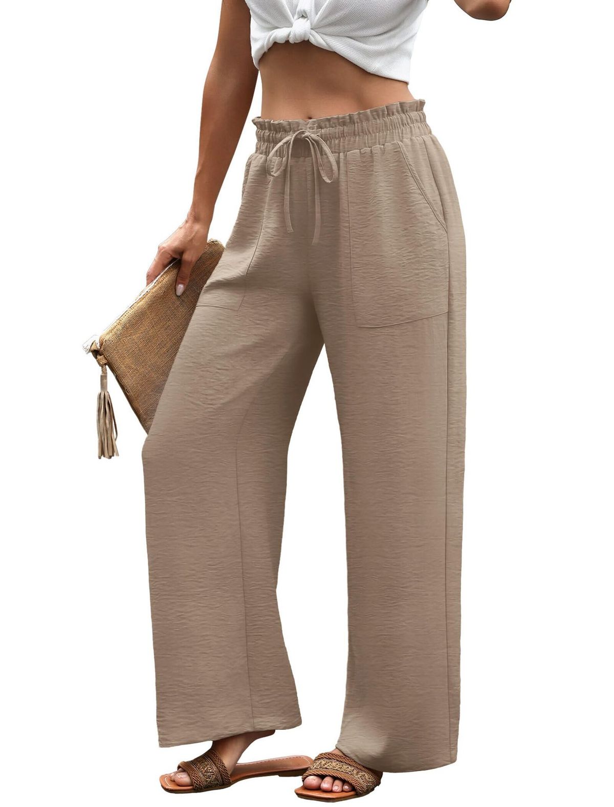 Women's High-Waisted Wide Leg Pants Casual Loose Fit Beach Vacation Trousers with Drawstring And Pockets_ecoleips.com