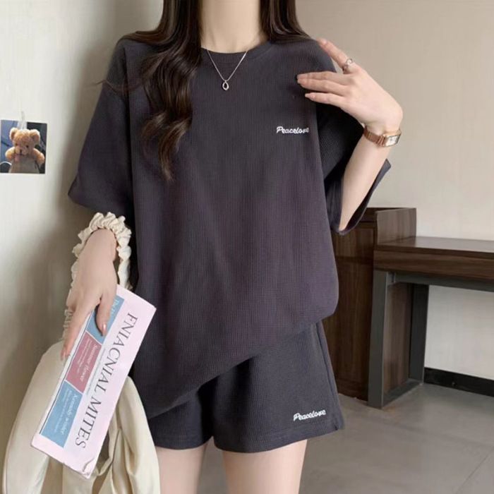 Women's Clothing Women's Summer Tracksuit Set Waffle Style Loose Fit Short Sleeve Casual Two Piece Fashion Shorts_ecoleips.com